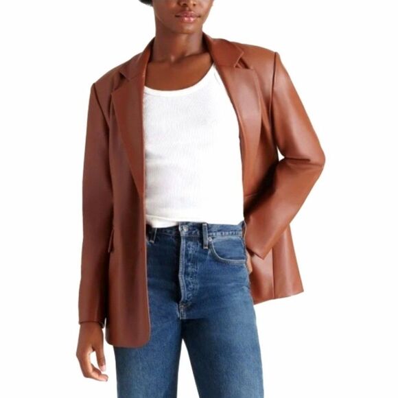 STEVE MADDEN Faux Leather Blazer in Cognac Oversized Fit Heavyweight Women's L - Picture 2 of 6